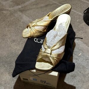 Taryn Rose Metallic Gold Knot-Front Slide Mules